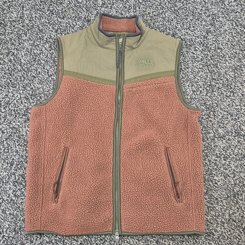 Howler Bros Men's Medium Full Zip Vest Fleece Brown Green 2 Way Front Zipper